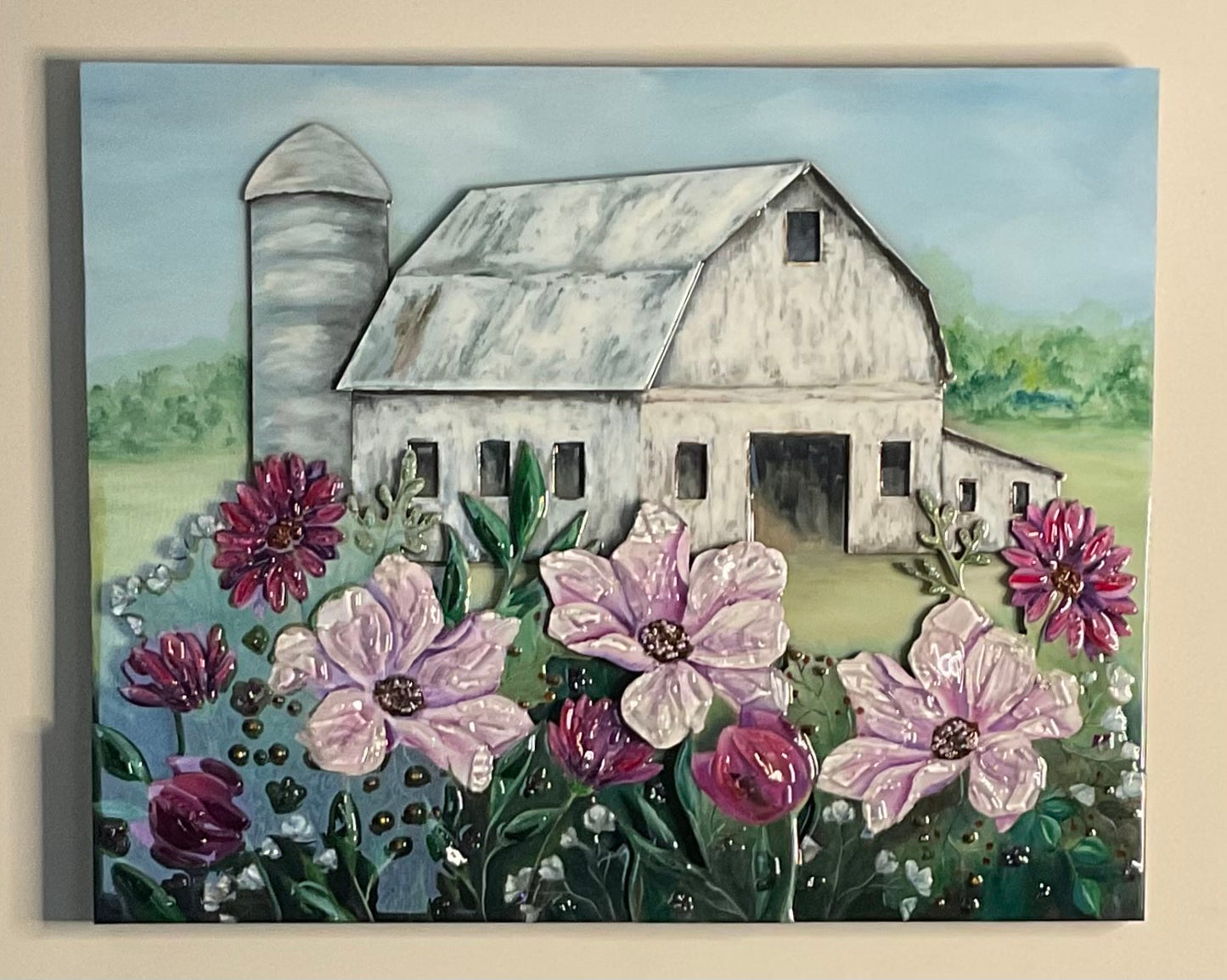 White Barn – Rural Farm Landscape Art (24×30 Original)