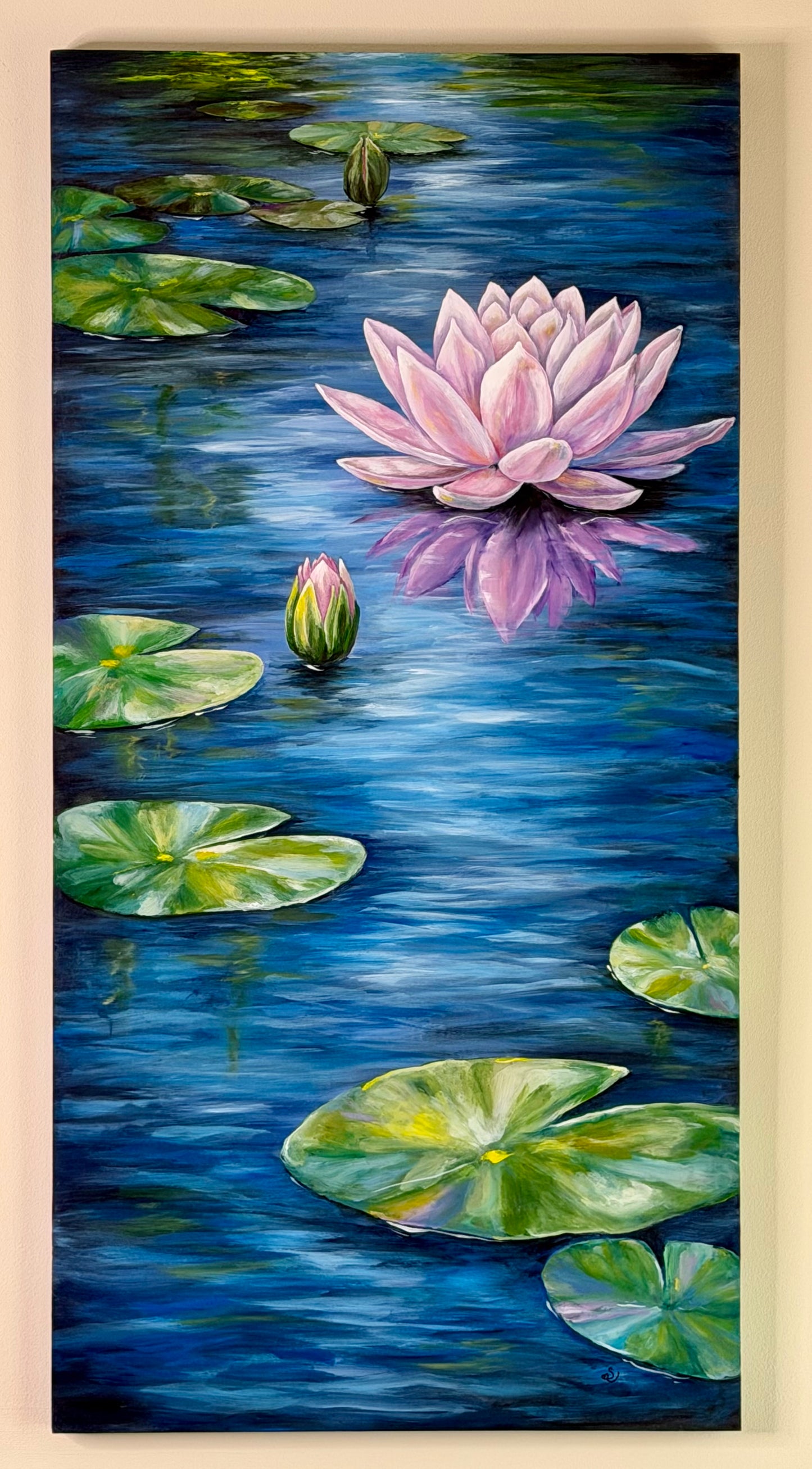Quiet Reflections — Water Lily Acrylic Painting (18×36 Original)