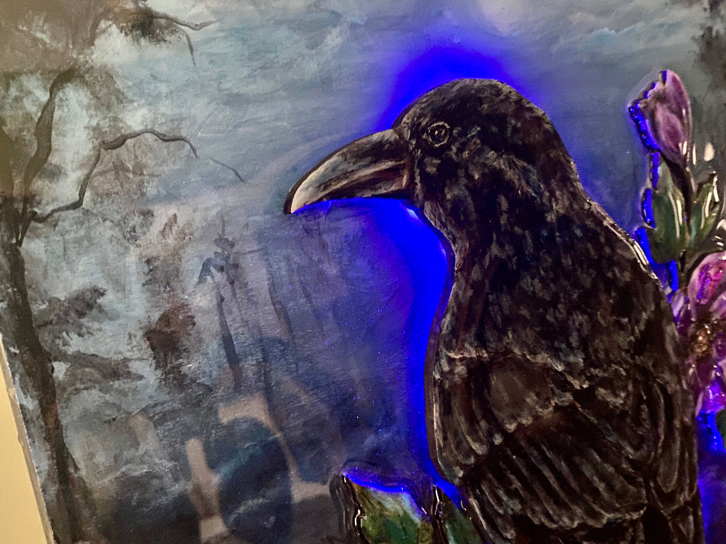 Midnight Crow – Crow Floral Mixed Media Art (14×11 Original)