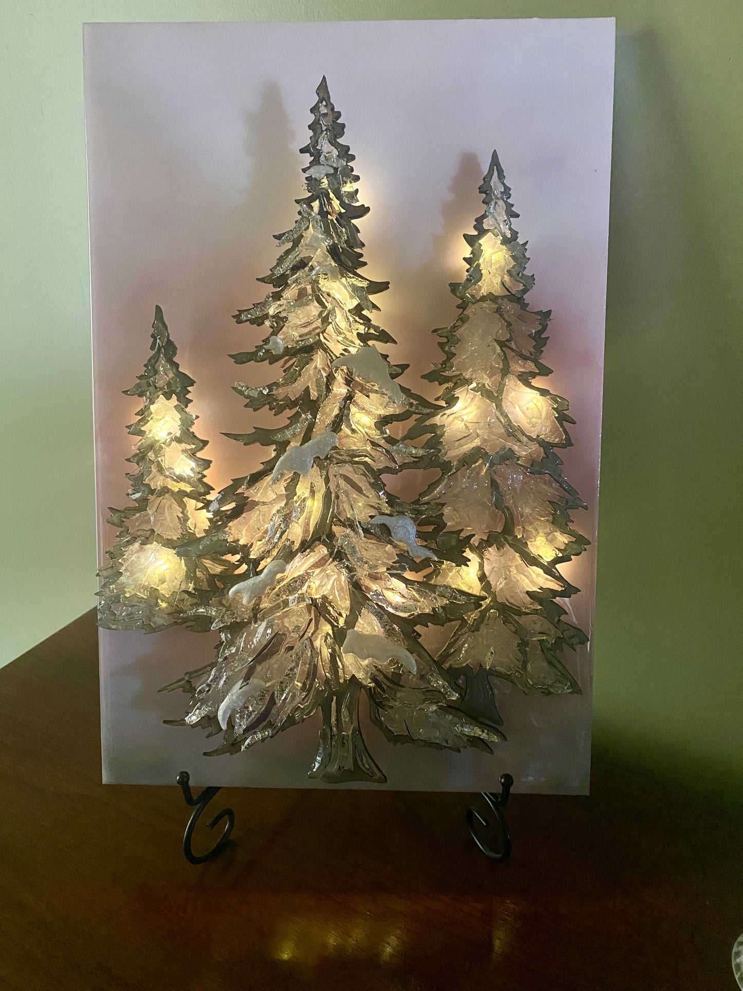 Sparkling Pines – Winter Pine Tree Mixed Media Art (18×12 Original)