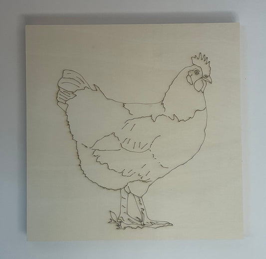 Outline drawing of a chicken on a wood substrate.