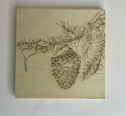 Snowy Pinecone Branch – Engraved Art Base