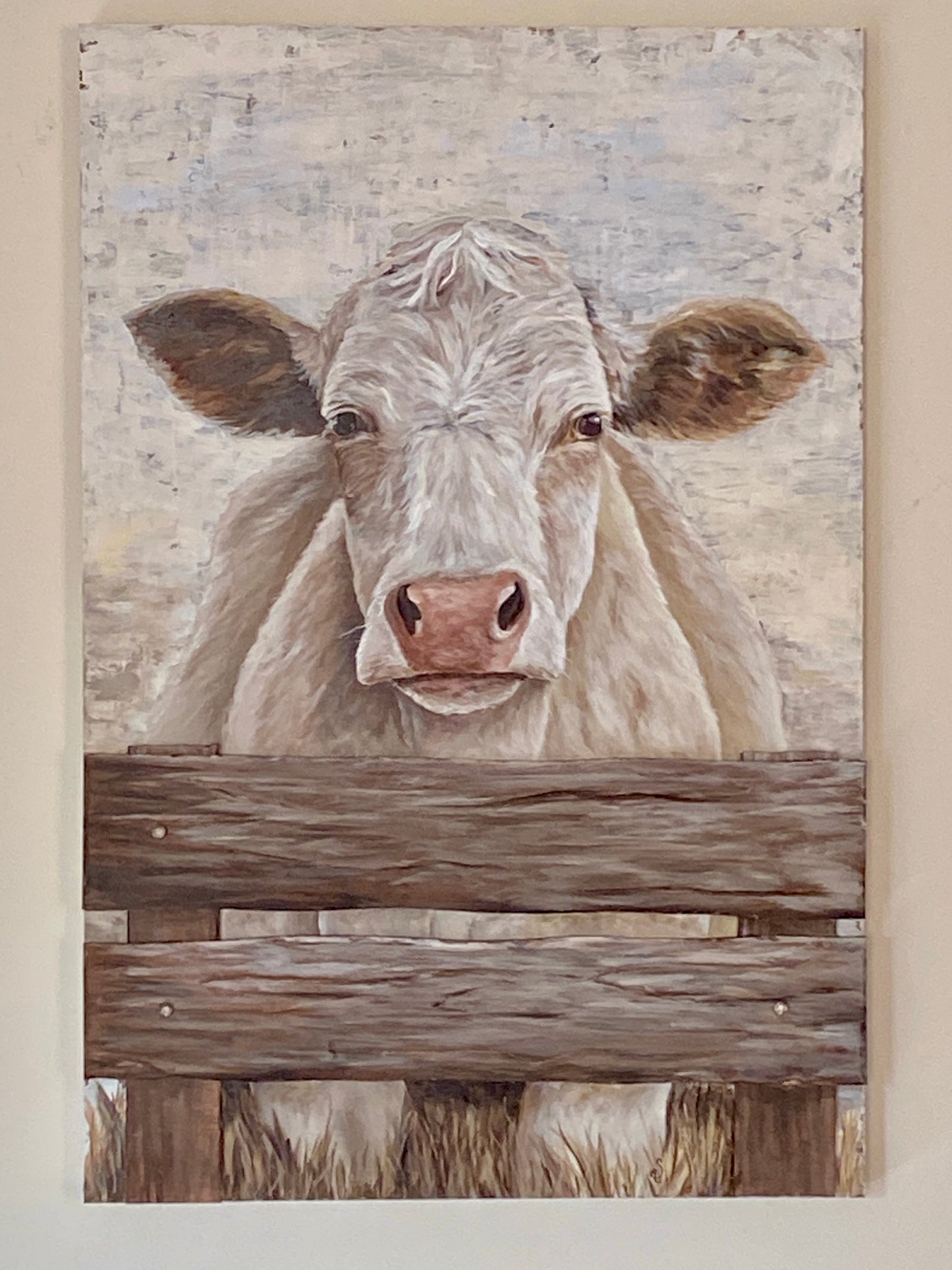 Good Morning, Bossie  — White Cow Mixed Media Art (20×30 Original)
