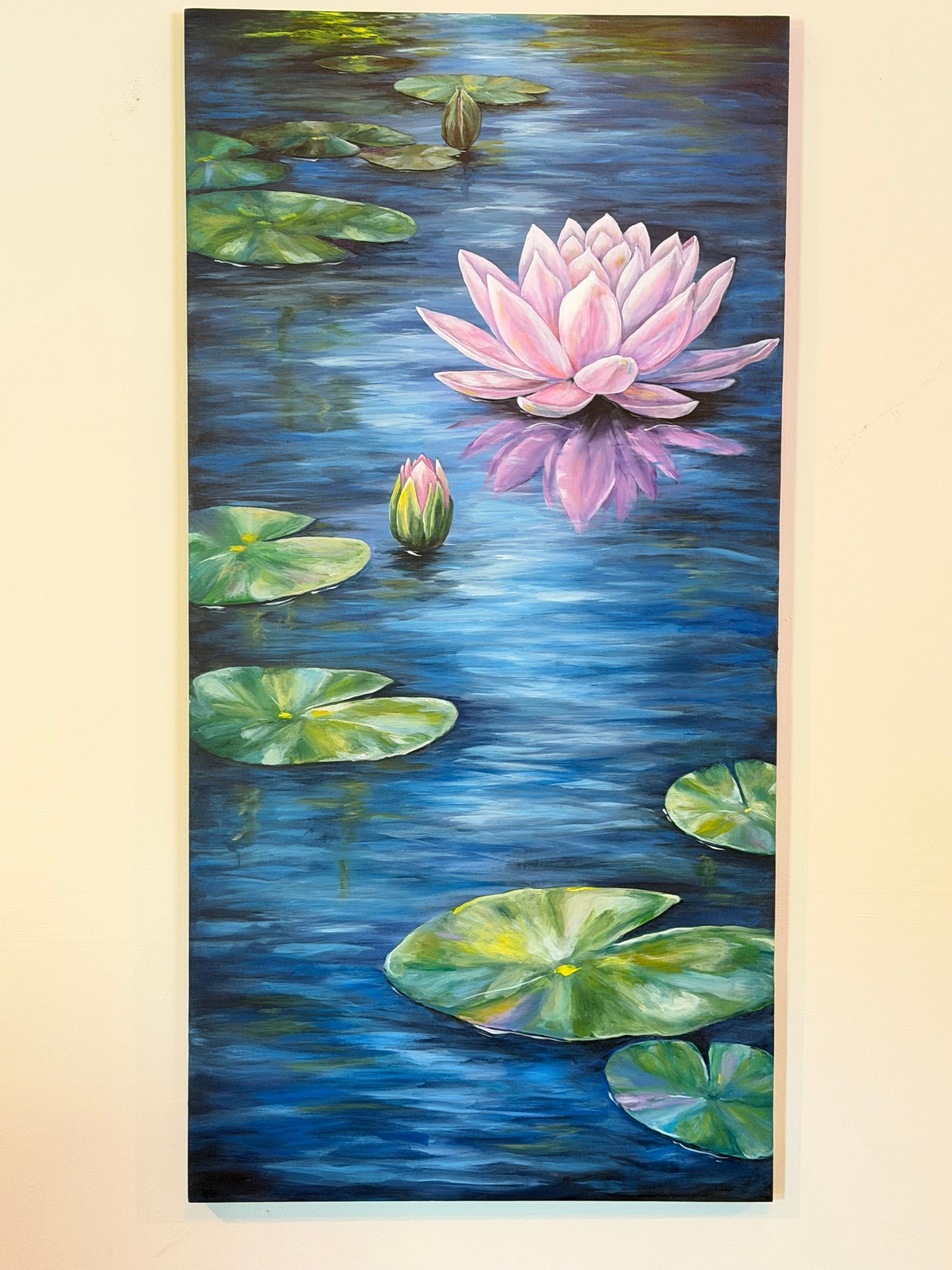 Quiet Reflections — Water Lily Acrylic Painting (18×36 Original)