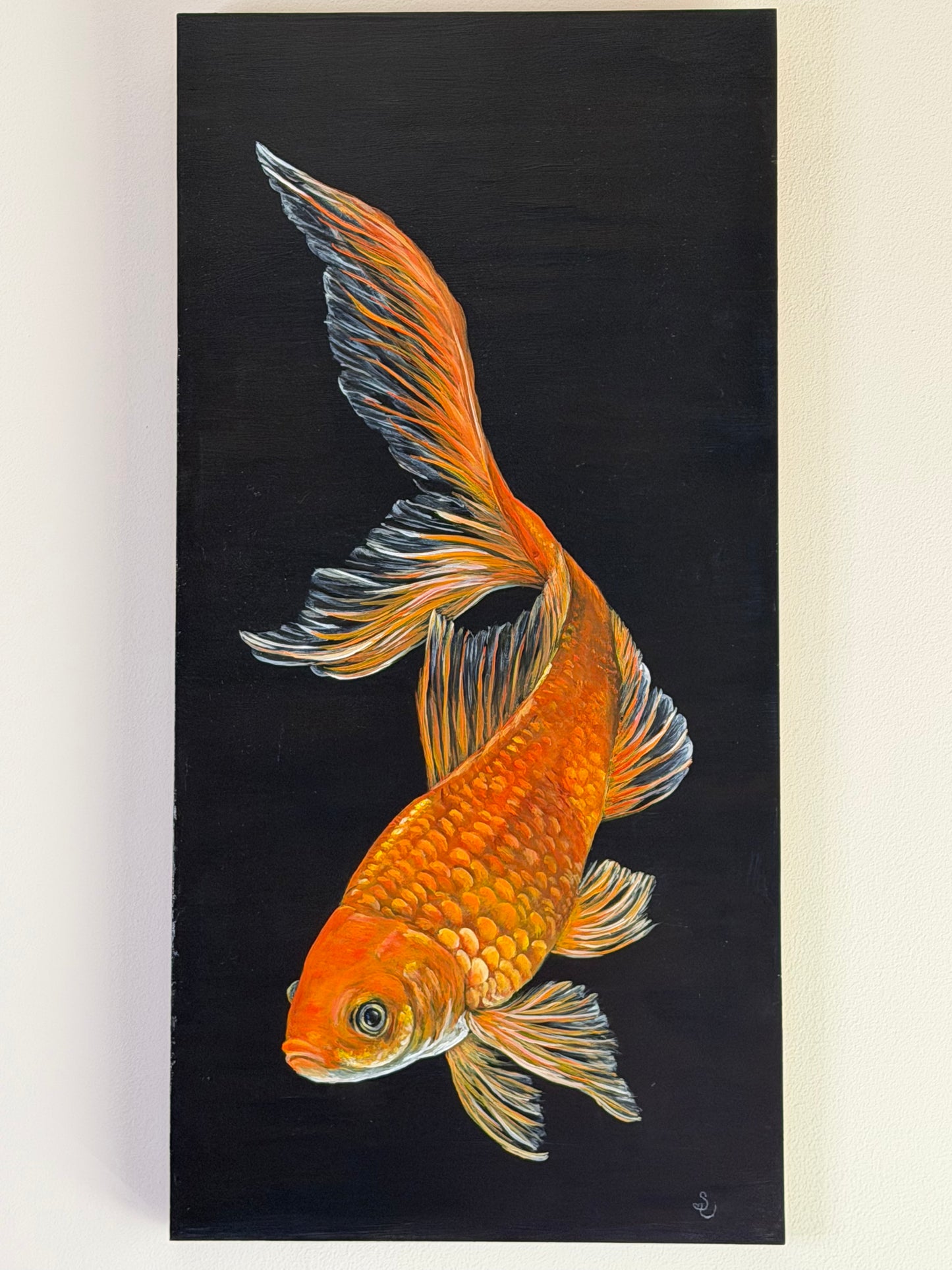 Golden Grace — Goldfish Acrylic Painting (12×24 Original)