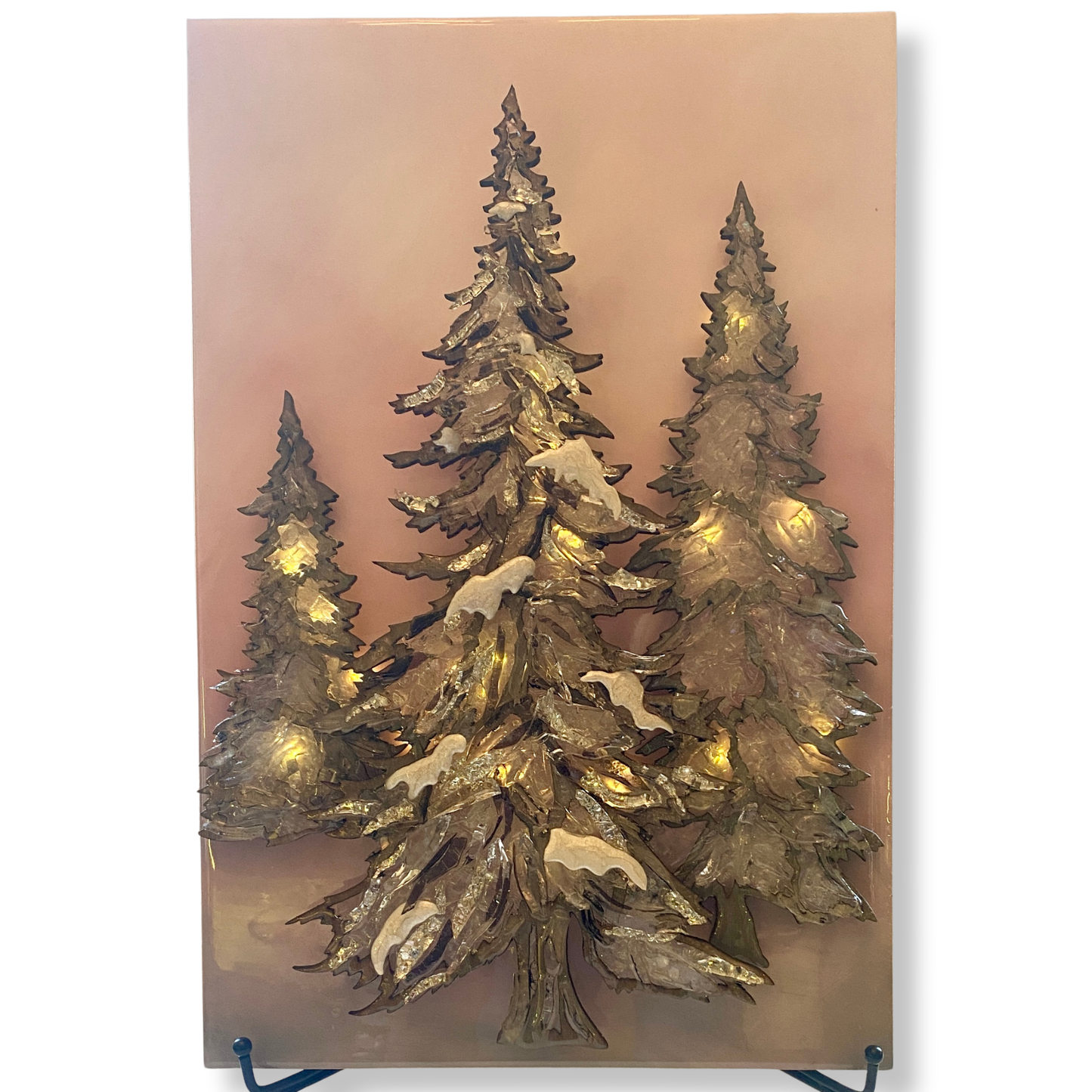 Sparkling Pines – Winter Pine Tree Mixed Media Art (18×12 Original)